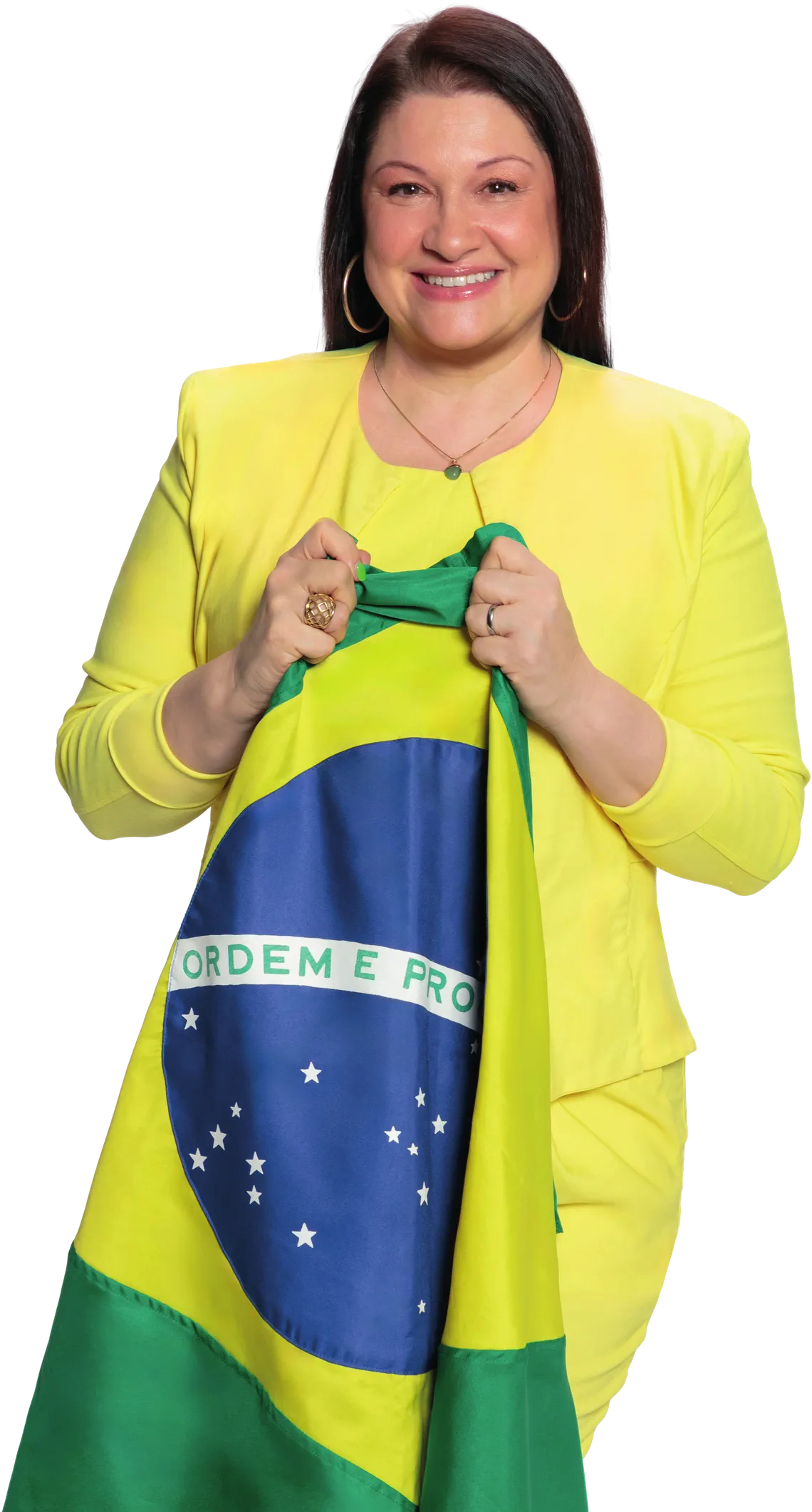 Ada Munaretto segurando a bandeira do Brasil.